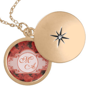 Red roses floral pattern customizable with initial locket necklace