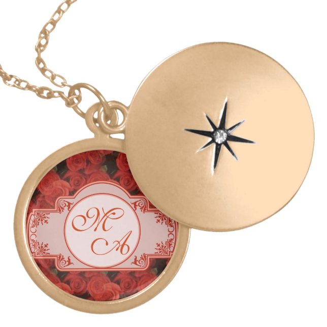 Red roses floral pattern customizable with initial locket necklace (Front)