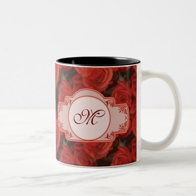 Red roses floral pattern customizable with initial Two-Tone coffee mug (Right)