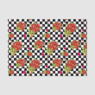 Red Roses floral pattern on black and white Checks Tissue Paper