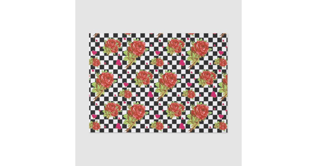 Red Roses floral pattern on black and white Checks Tissue Paper | Zazzle