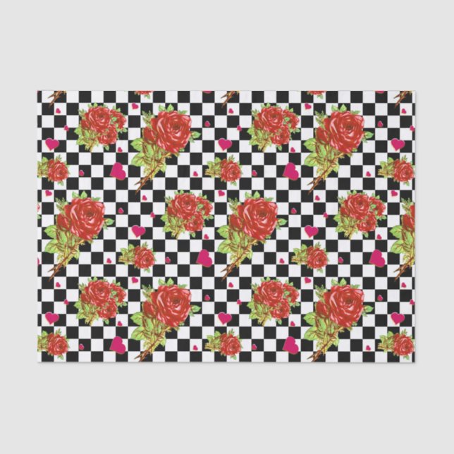 Red Roses floral pattern on black and white Checks Tissue Paper (Front)