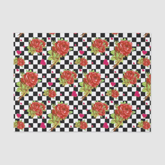 Red Roses floral pattern on black and white Checks Tissue Paper | Zazzle