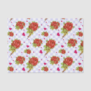 Red Roses floral pattern on lilac blue Checks Tissue Paper