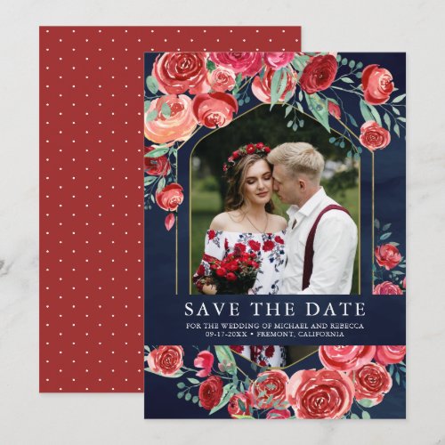 Red Roses Floral Photo Navy Blue Wedding Save The Date