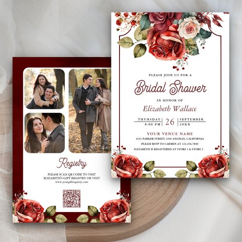 Red Roses Floral Photo QR Code Bridal Shower Invitation