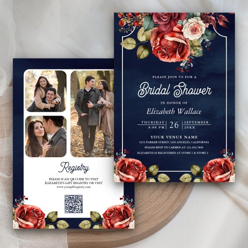 Red Roses Floral Photo QR Code Navy Bridal Shower Invitation