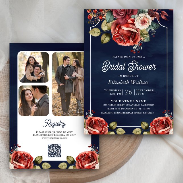 Red Roses Floral Photo QR Code Navy Bridal Shower Invitation (Creator Uploaded)