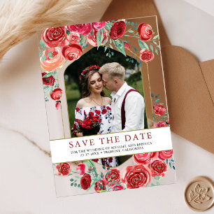 Red Roses Floral Photo Wedding Save the Date