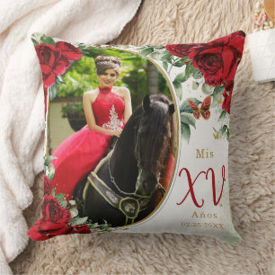 Red Roses Floral Photograph Quinceañera Keepsake Throw Pillow