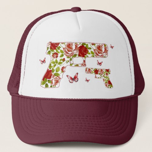 Red Roses Floral Pistol Hand Gun and Butterflies Trucker Hat