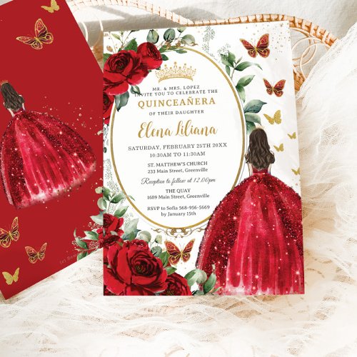 Red Roses Floral Princess Dress Gold Quinceaera Invitation