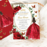 Red Roses Floral Princess Dress Gold Quinceañera Invitation<br><div class="desc">Personalize this pretty red floral Quinceañera / Sweet 16 birthday invitation easily and quickly. Simply click the customize it further button to edit the texts, change fonts and fonts colors. Featuring a girl dressed in a beautiful glittery red ball gown, vibrant red roses, butterflies and a gold trimmed oval space...</div>