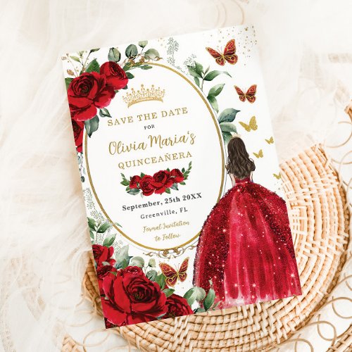 Red Roses Floral Princess Dress Gold Quinceaera Save The Date