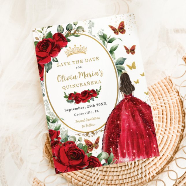 Red Roses Floral Princess Dress Gold Quinceañera Save The Date (Creator Uploaded)