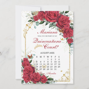 Red Roses Floral Quinceanera Court Proposal Card