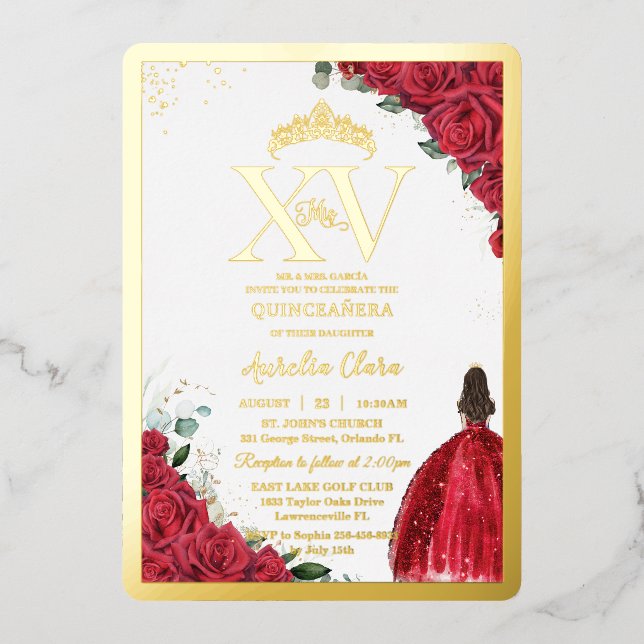 Red Roses Floral Quinceañera Quince 15 XV Gold Foil Invitation (Front)