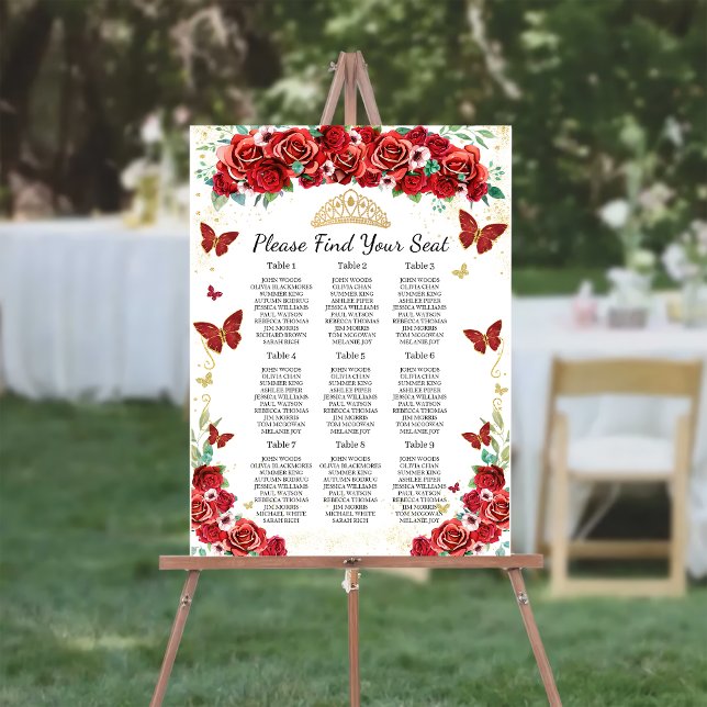 Red Roses Floral Quinceañera Seating Chart Foam Board (Creator Uploaded)
