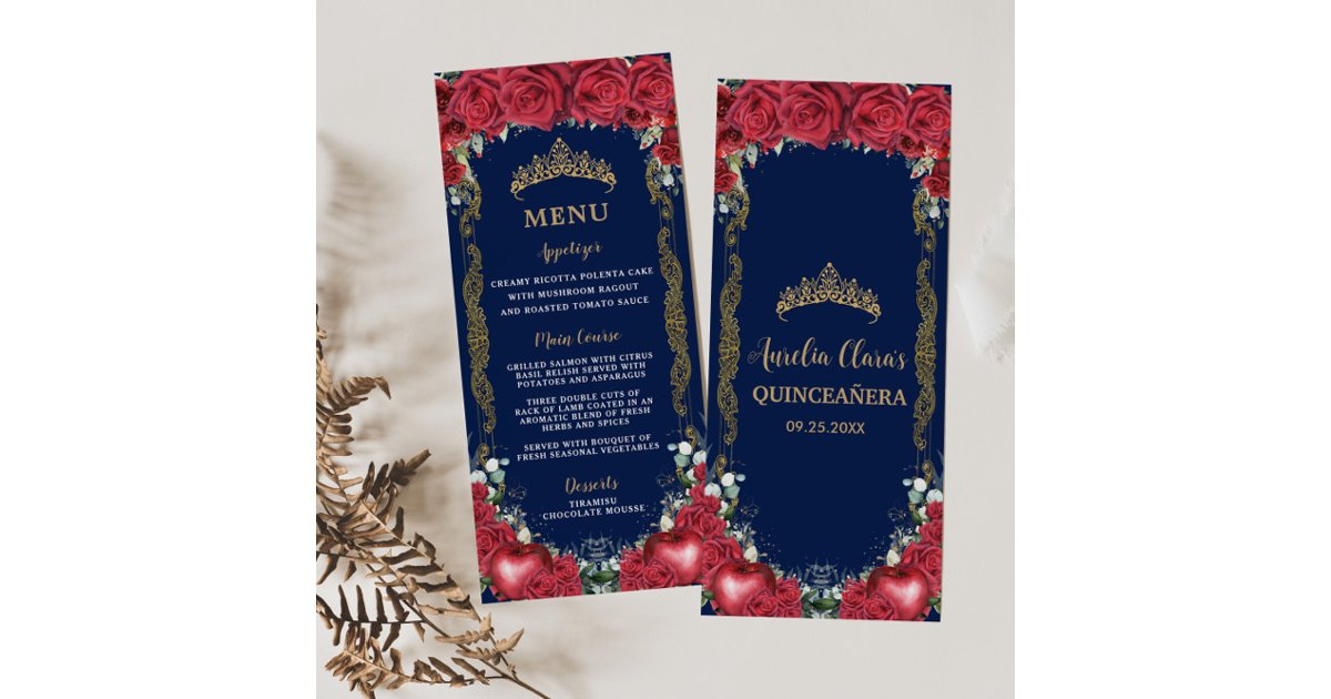 Red Roses Floral Snow White Apple Birthday Menu | Zazzle