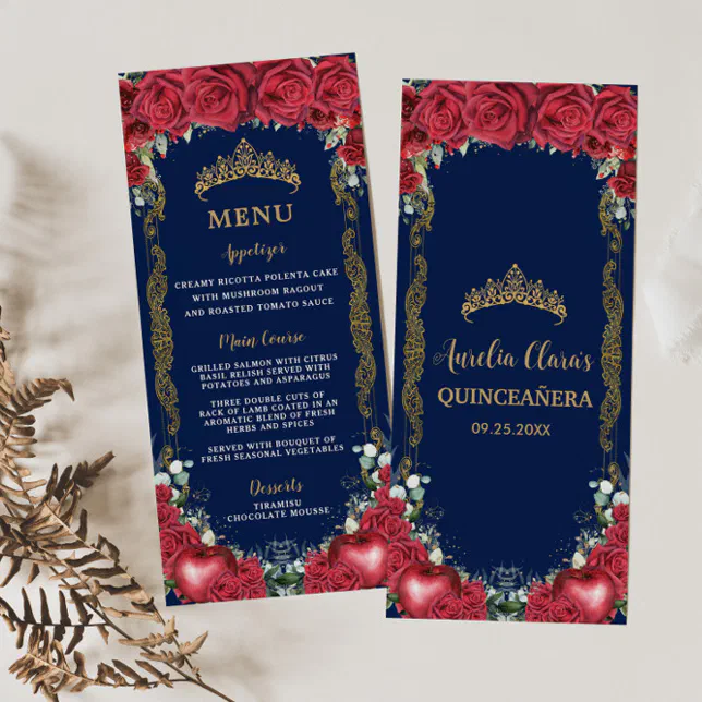 Red Roses Floral Snow White Apple Birthday Menu | Zazzle