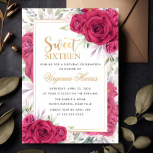 Red Roses Floral Sweet Sixteen 16 Birthday Invitation