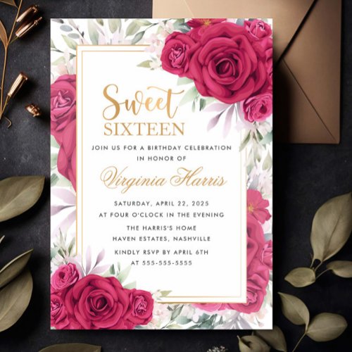 Red Roses Floral Sweet Sixteen 16 Birthday Invitation