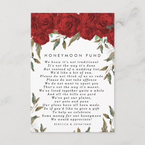 red roses floral wedding honeymoon fund card