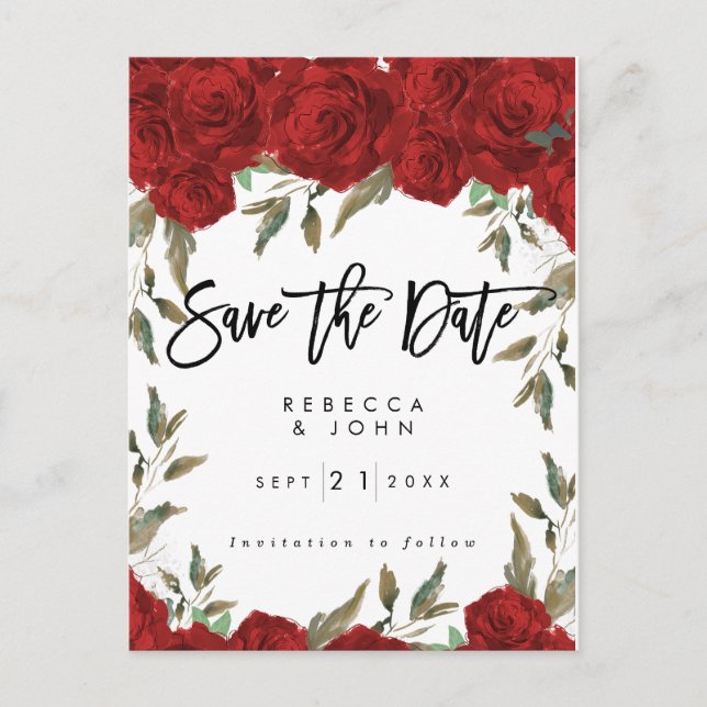 red roses floral wedding save the date card (Front)
