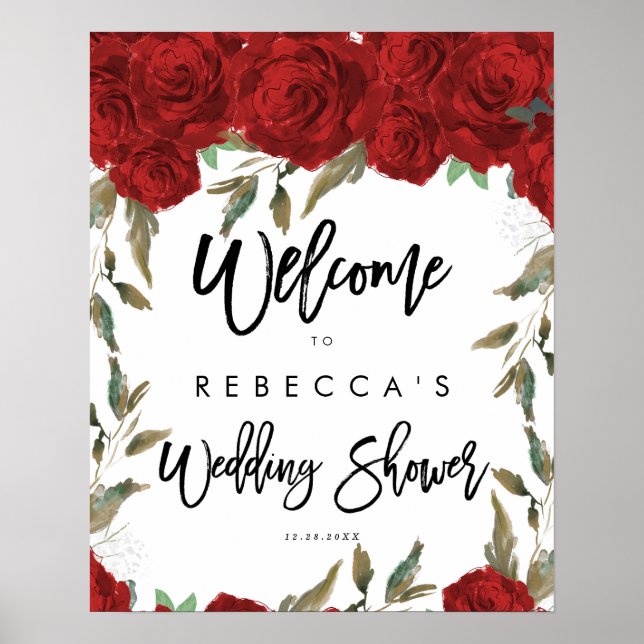 red roses floral wedding shower welcome sign (Front)