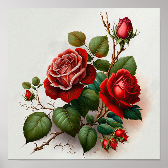 Red Roses Flower Art Print Poster (Front)