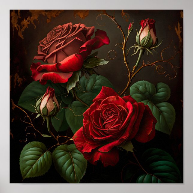 Red Roses Flower Art Print Poster (Front)