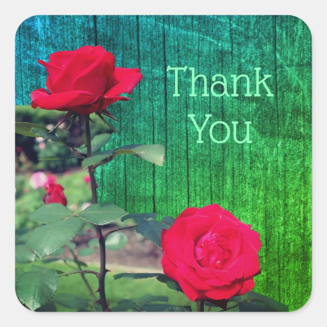Red Roses Flower Thank You Square Sticker (Front)
