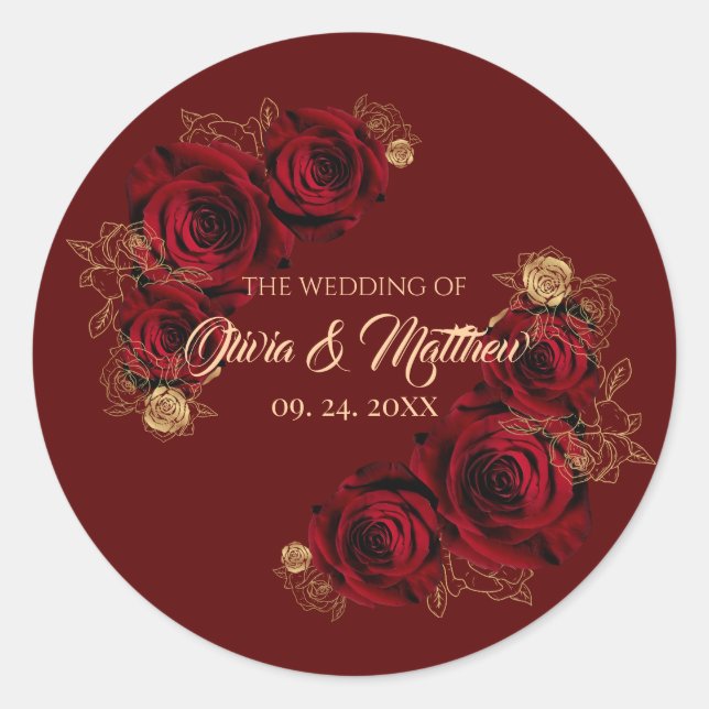 Red Roses Flower Wedding Classic Round Sticker (Front)