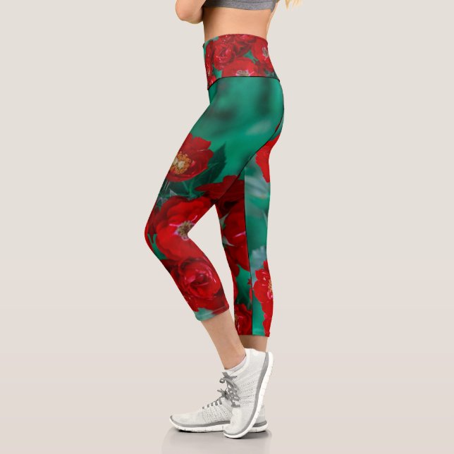 Red Roses Flowers Floral Capri Leggings (Left)