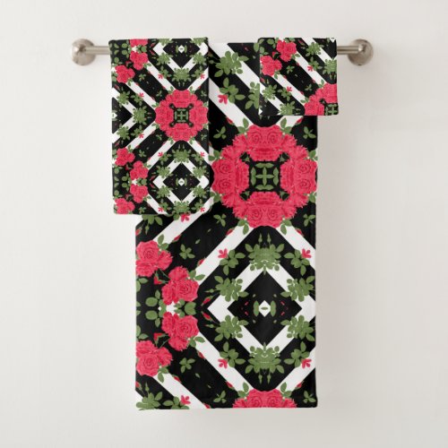 Red roses flowers floral kaleidoscopic black white bath towel set