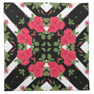 Red roses flowers floral kaleidoscopic black white cloth napkin