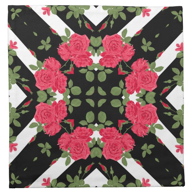 Red roses flowers floral kaleidoscopic black white cloth napkin (Front)