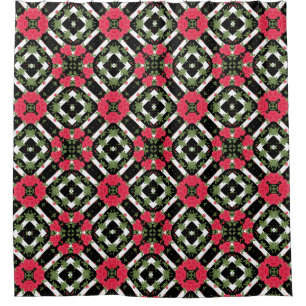Red roses flowers floral kaleidoscopic black white shower curtain