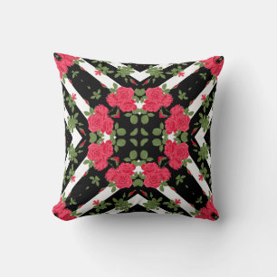 Red roses flowers floral kaleidoscopic black white throw pillow