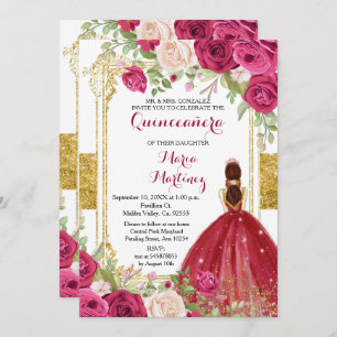 Red Roses Flowers Gold Quinceanera Invitation