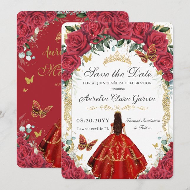 Red Roses Flowers Gown Gold Butterfly Quinceañera Save The Date (Front/Back)