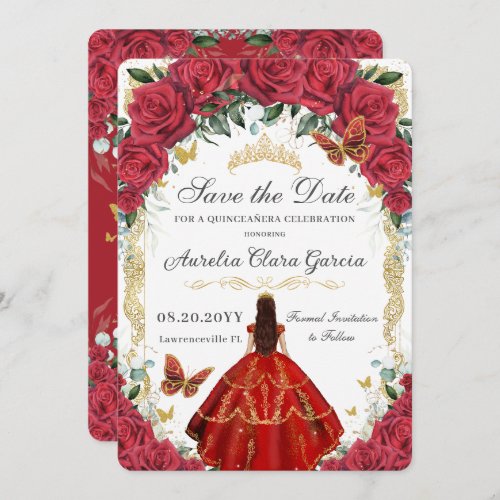 Red Roses Flowers Gown Gold Butterfly Quinceaera Save The Date