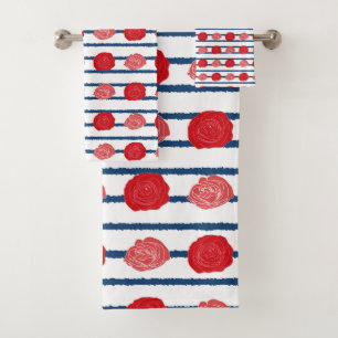 Red Roses Flowers Pattern Stripes Bath Towel Set