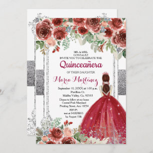Red Roses Flowers Silver Quinceanera Invitation