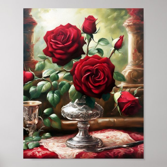 Red Roses Flowers Vintage Art Poster (Front)