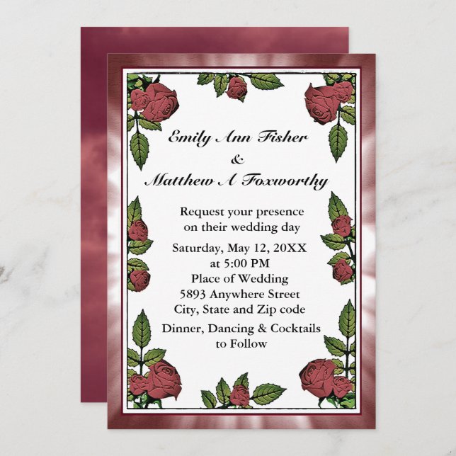 Red Roses Frame Image with Light Red Cloud Wedding Invitation (Front/Back)