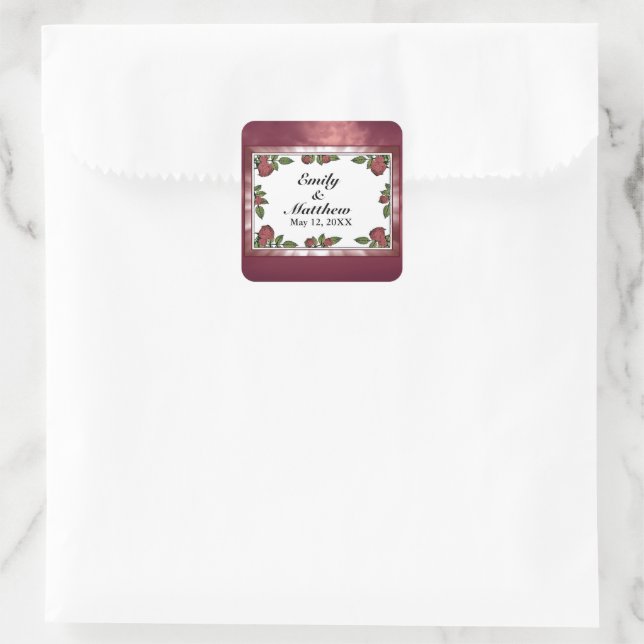 Red Roses Frame Image with Light Red Cloud Wedding Square Sticker (Bag)