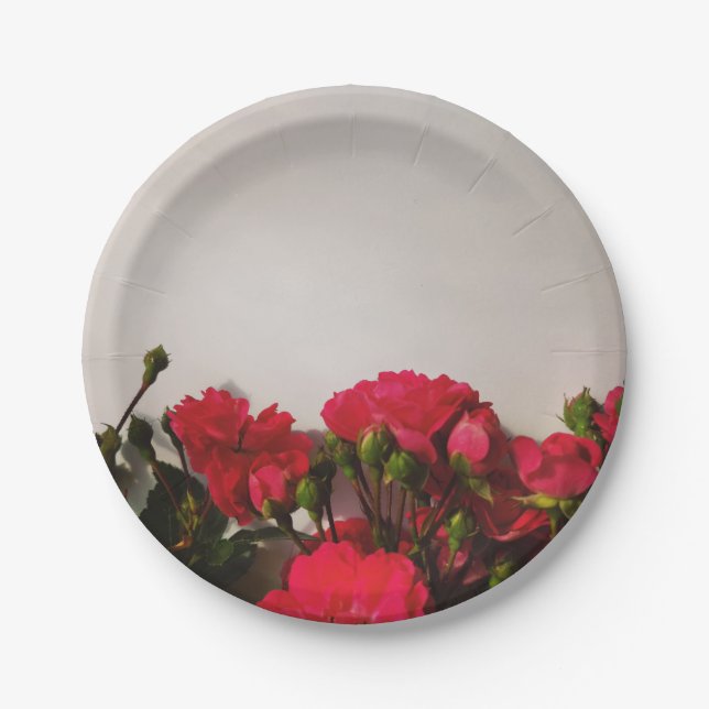Red roses fresh buds blooming bright flowers flora paper plates (Front)