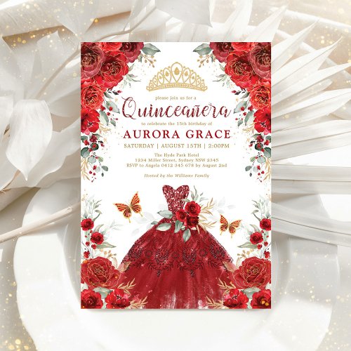 Red Roses Garden Princess Quinceaera Mis Quince Invitation
