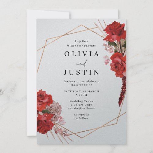 Red Roses Geometric Metallic  Silver Wedding Invitation